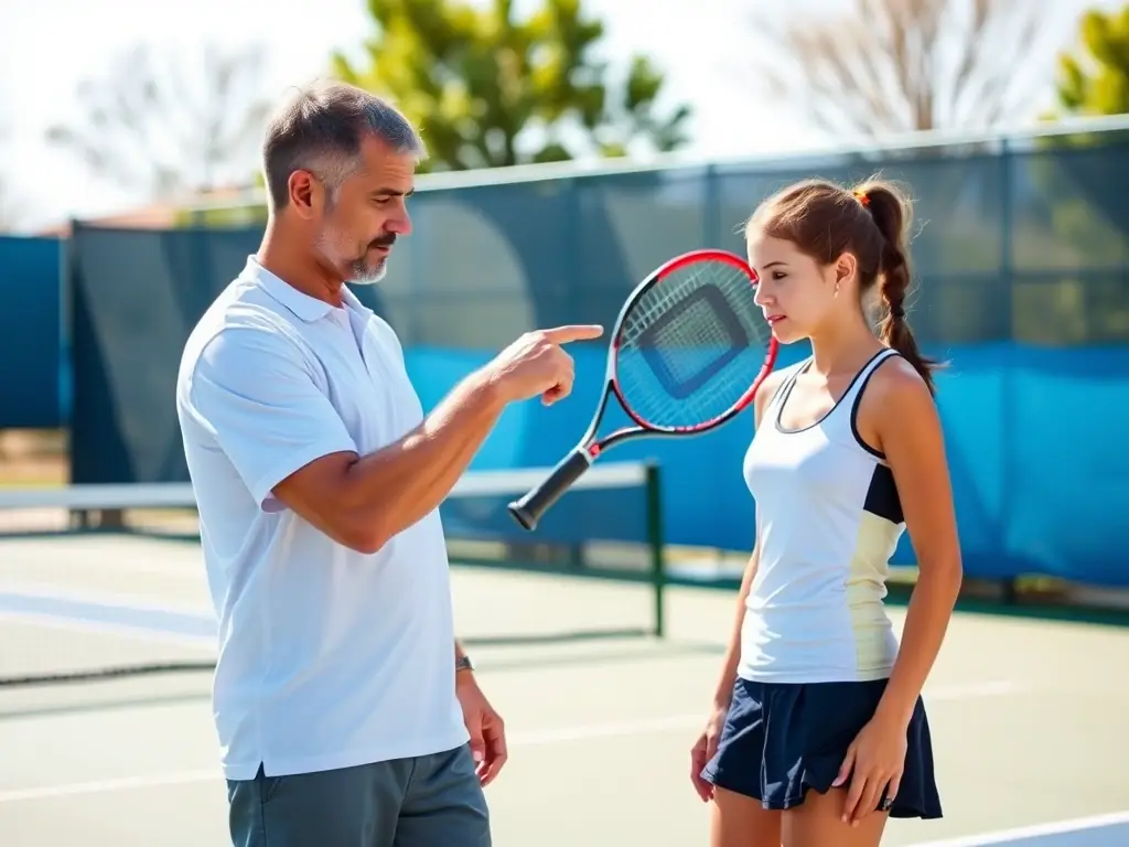 A focused image of a tennis coach providing personalized instruction to an individual player, emphasizing grip and swing technique.