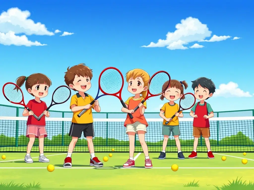 A vibrant image of children participating in a beginner's tennis lesson on a sunny court, focusing on basic forehand techniques, with the coach providing guidance.