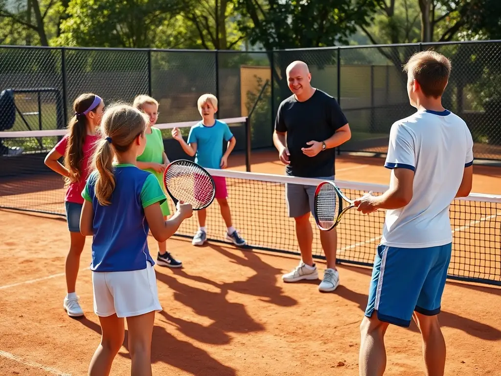 A vibrant image of children participating in a junior tennis clinic, showcasing their enthusiasm and engagement with the sport. The background shows the tennis court and the coach guiding them.