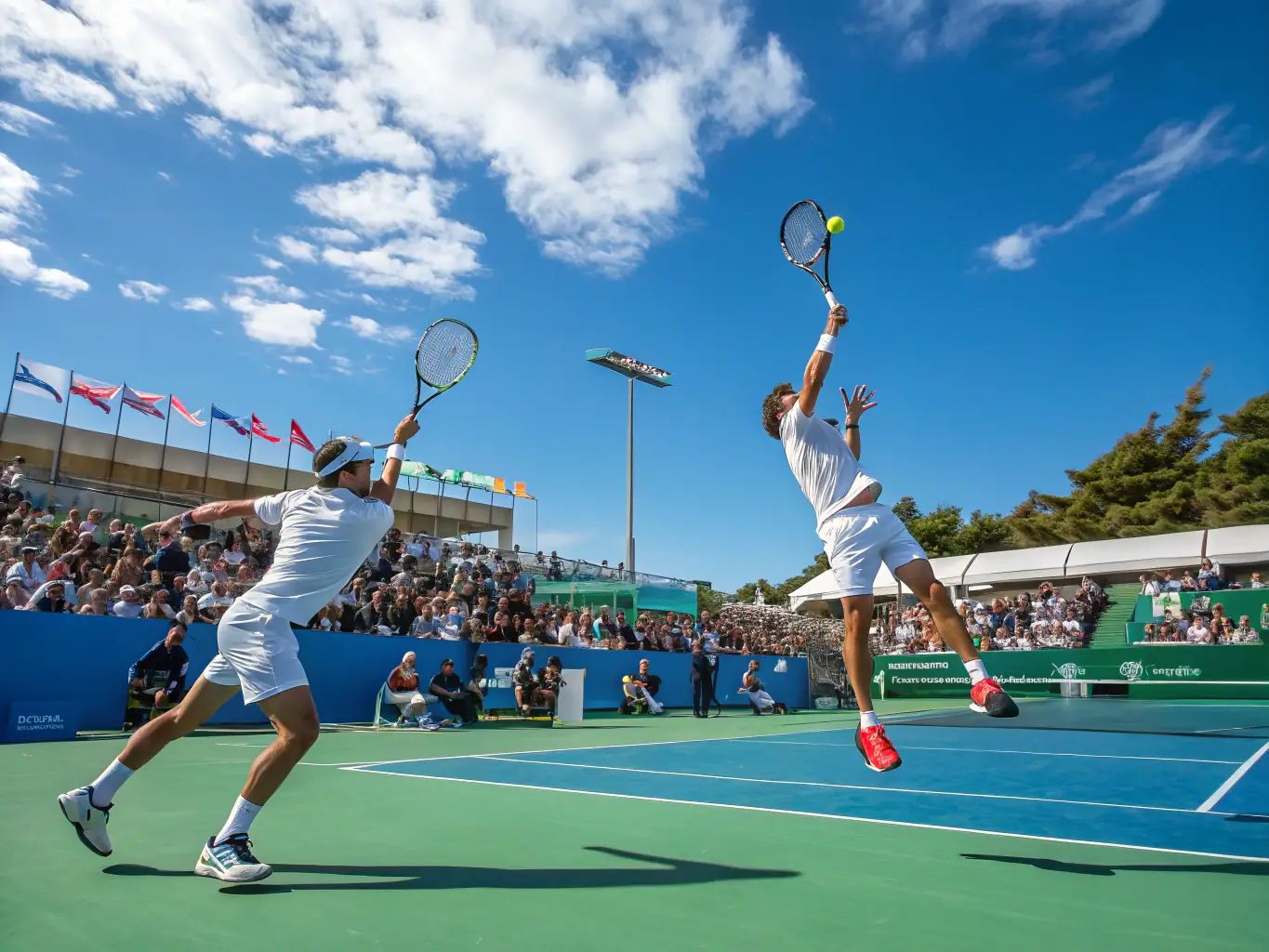 An action shot of adult players engaged in a competitive doubles match on a clay court, showcasing teamwork and strategic play.