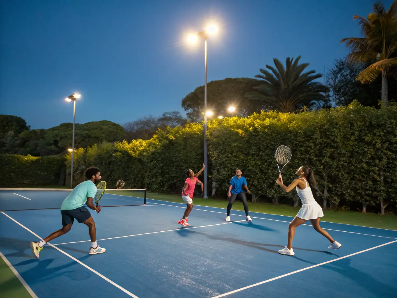 A dynamic shot of adults participating in a doubles tennis match, highlighting the competitive and social aspects of the sport. The players are focused and engaged, demonstrating good sportsmanship.