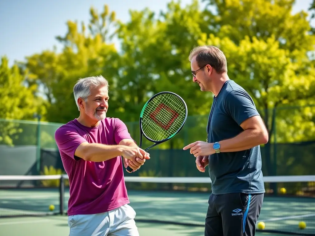 A focused image of a tennis coach providing personalized instruction to a player, emphasizing the importance of technique and strategy. The coach is demonstrating a proper grip and stance.
